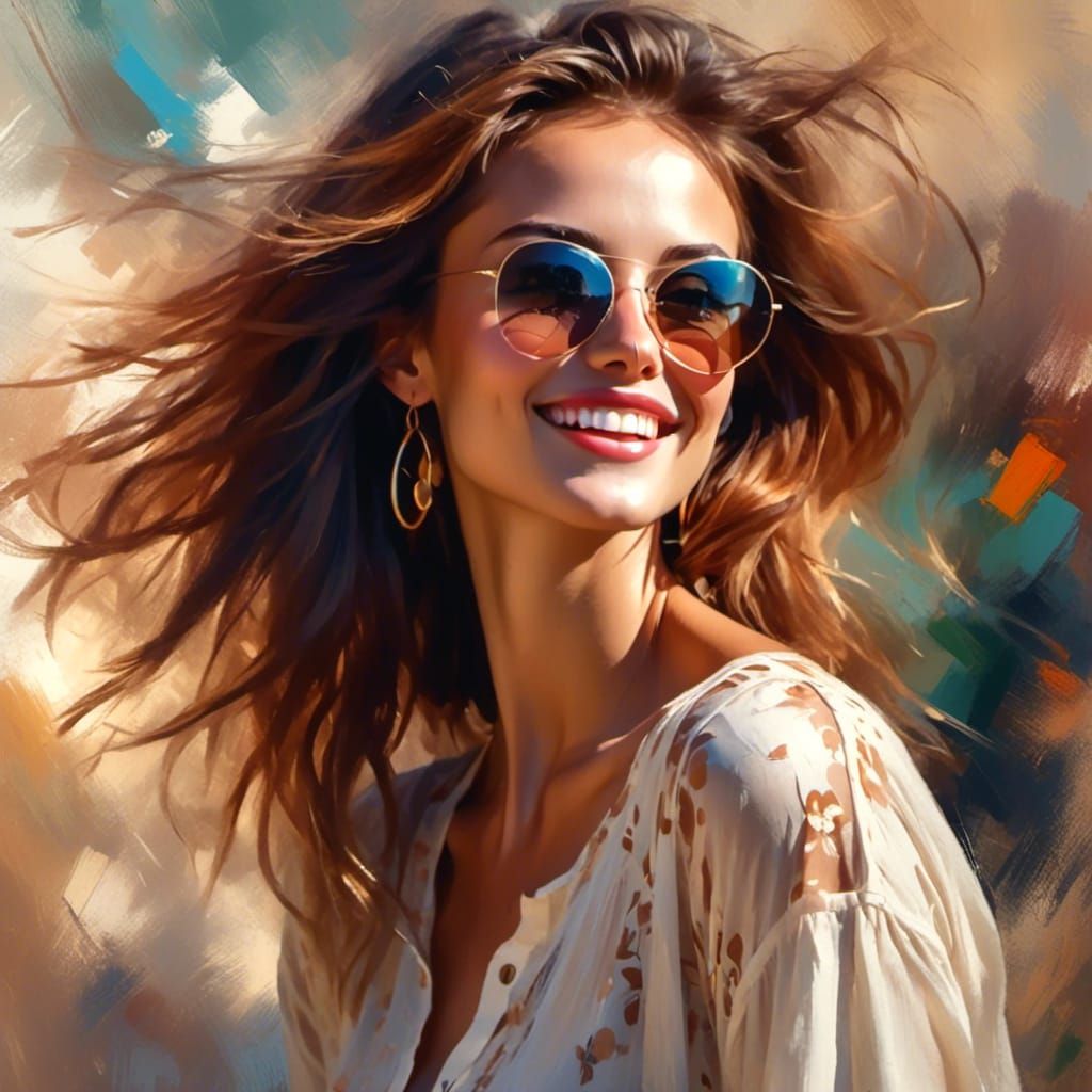 <lora:Lovely:1.0>  A gorgeous beautiful woman, smiling, blouse, sunglasses, hands up in hair, digital painting, soft brushstrokes 