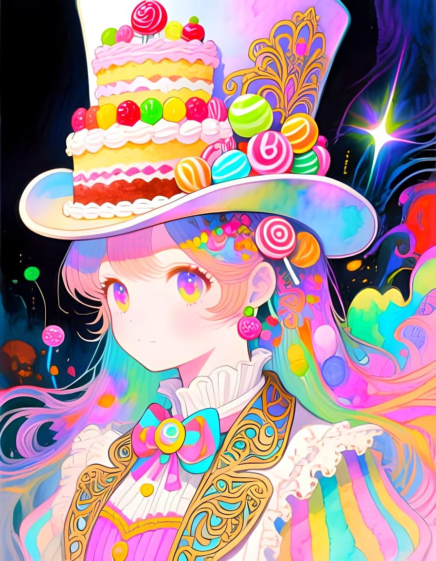 A top hat cake decorated with  candies. Cute and kitschy portrait painting. Inspired by Yoshitaka Amano, Josephine Wall, Ayami Kojima, yuji ...