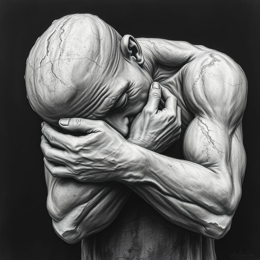 A chiseled stone sculpture of a totally depressed man, holding his head in his hands. He is totally depressed. There is no hope, there is no...