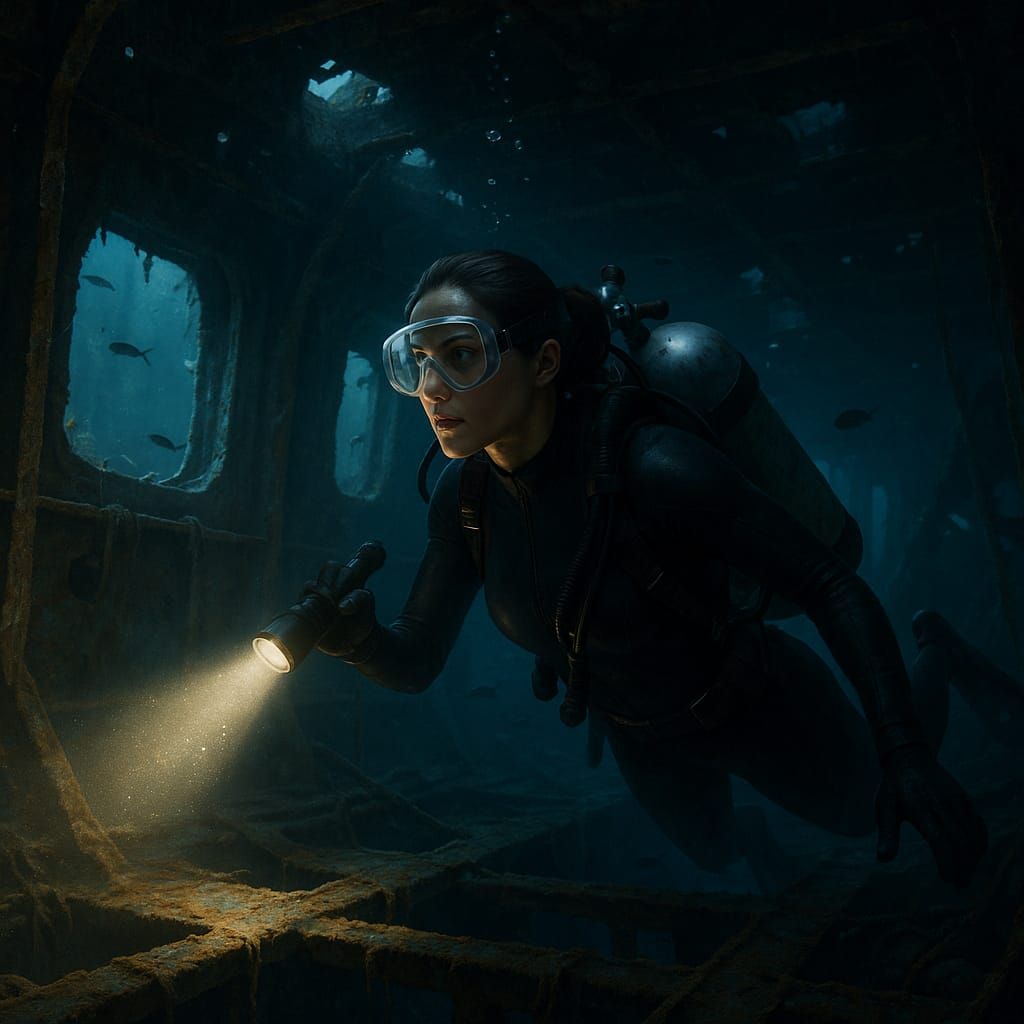 A determined female explorer in a sleek black wetsuit swims ...