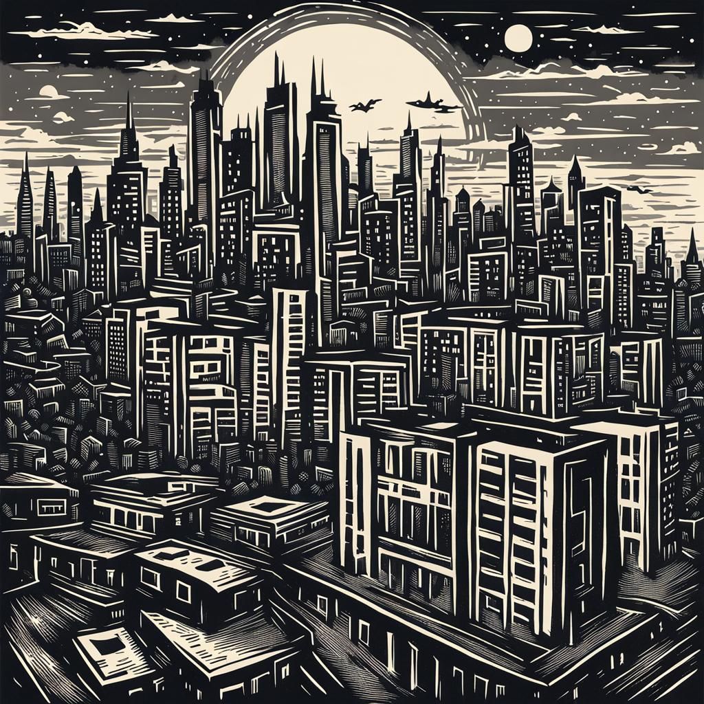 dystopian city made in linocut style