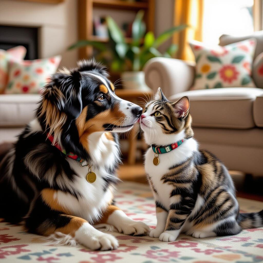 Dog Kisses Cat, Storybook Illustration