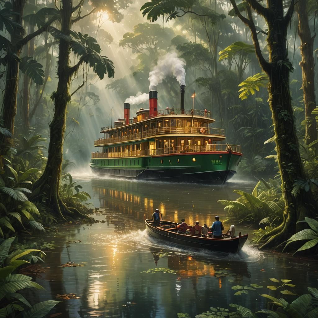 A paddle steamer going through a rain forest