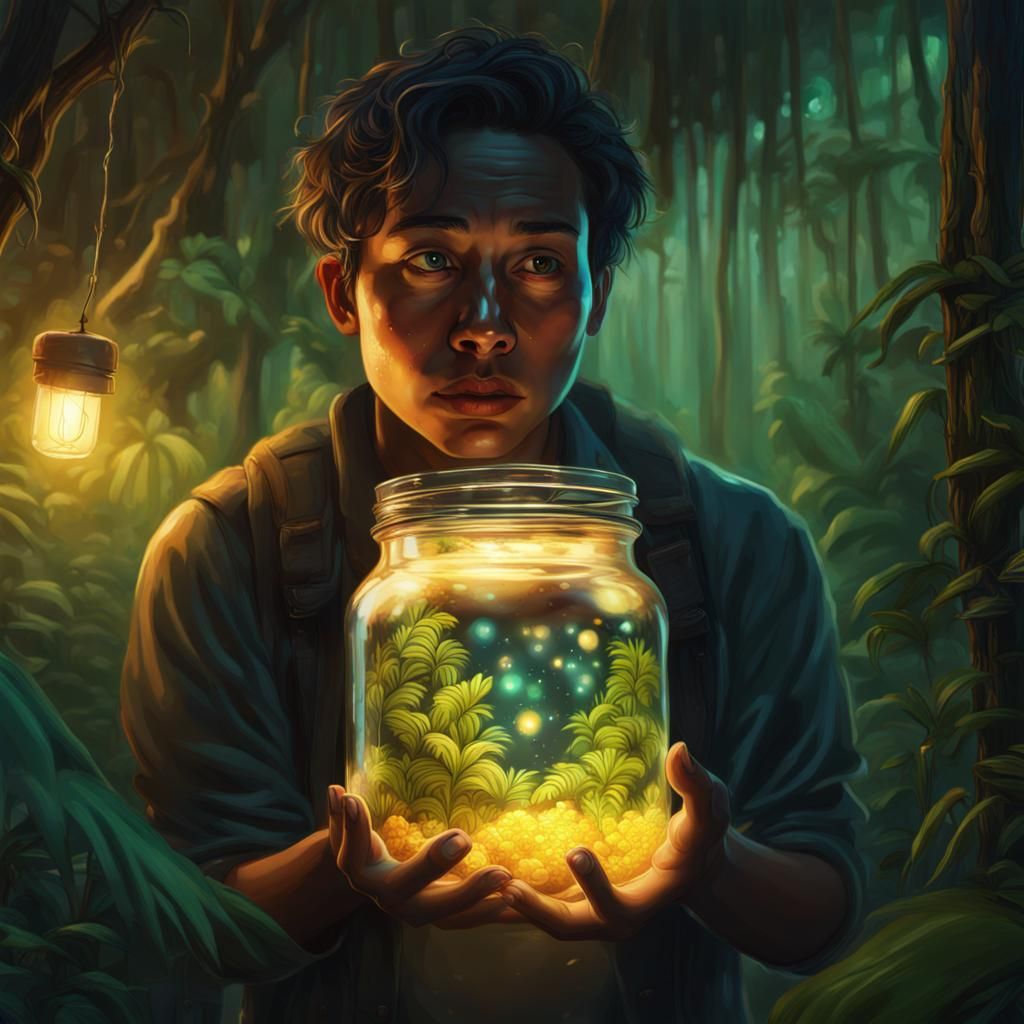 Person holding a jar with glow worms in the jungle at night