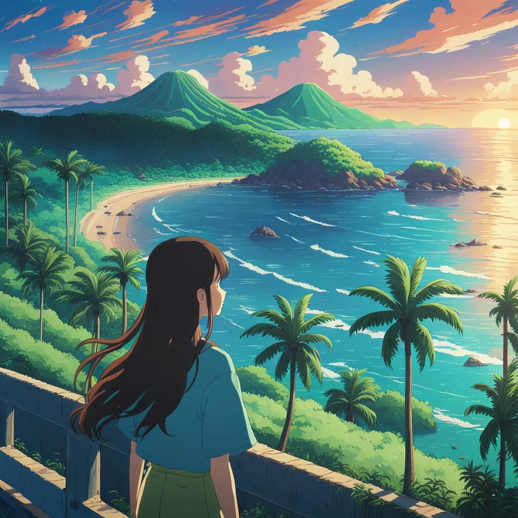 woman with long hair facing the coast, size 2000x2000, in a ...