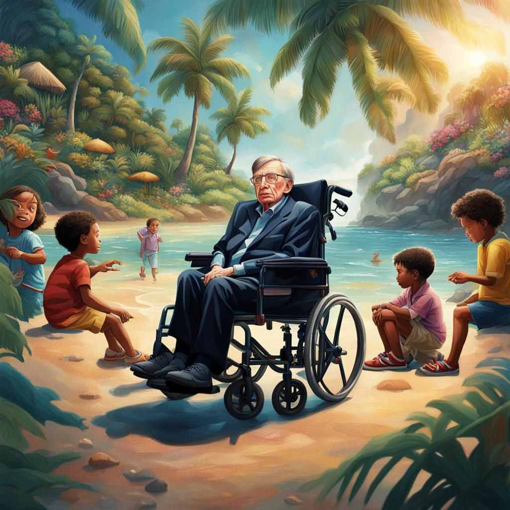 Steven hawking at tropical sland with little kids