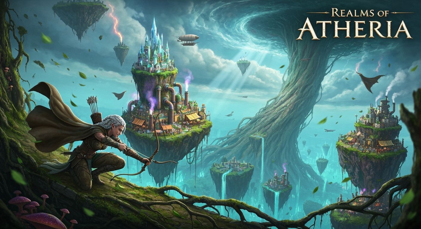 Cover art for AAA fantasy RPG "Realms of Atheria": Epic panoramic vista of a multi-layered, vertically-tiered ...  by @JuiceBox