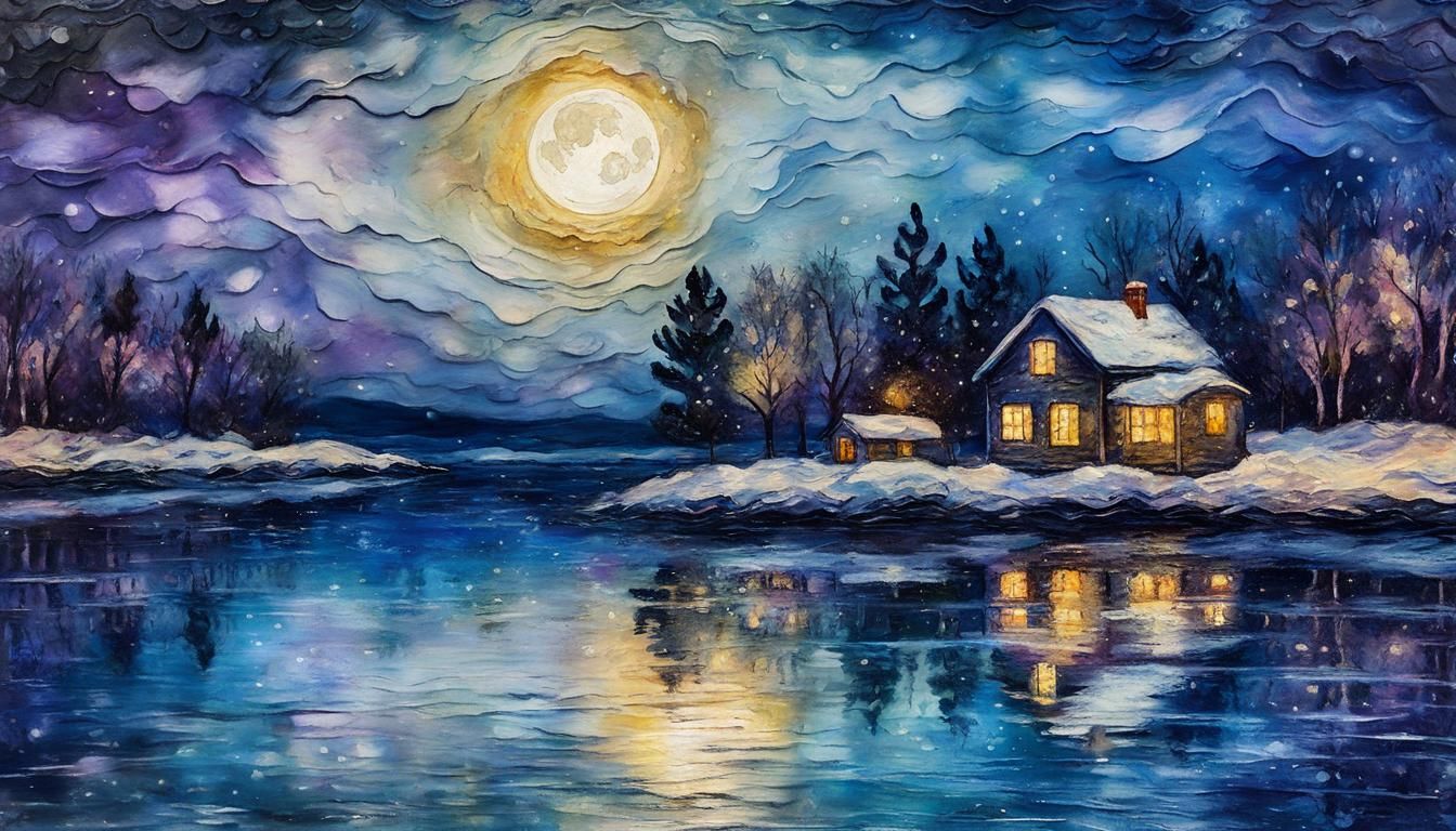 side of lake, little house, dark starry night  by @Eee17