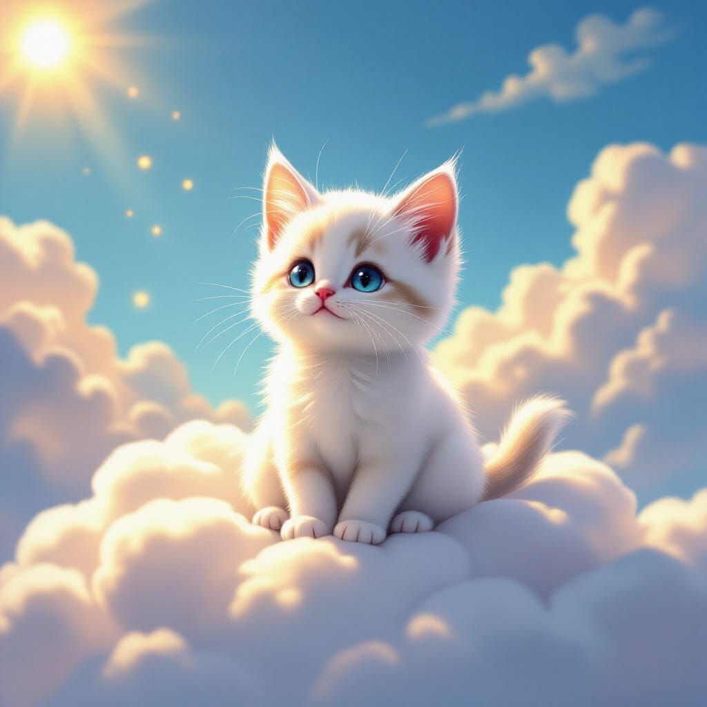 Cute White Kitten on Cloud in Fantasy Sky