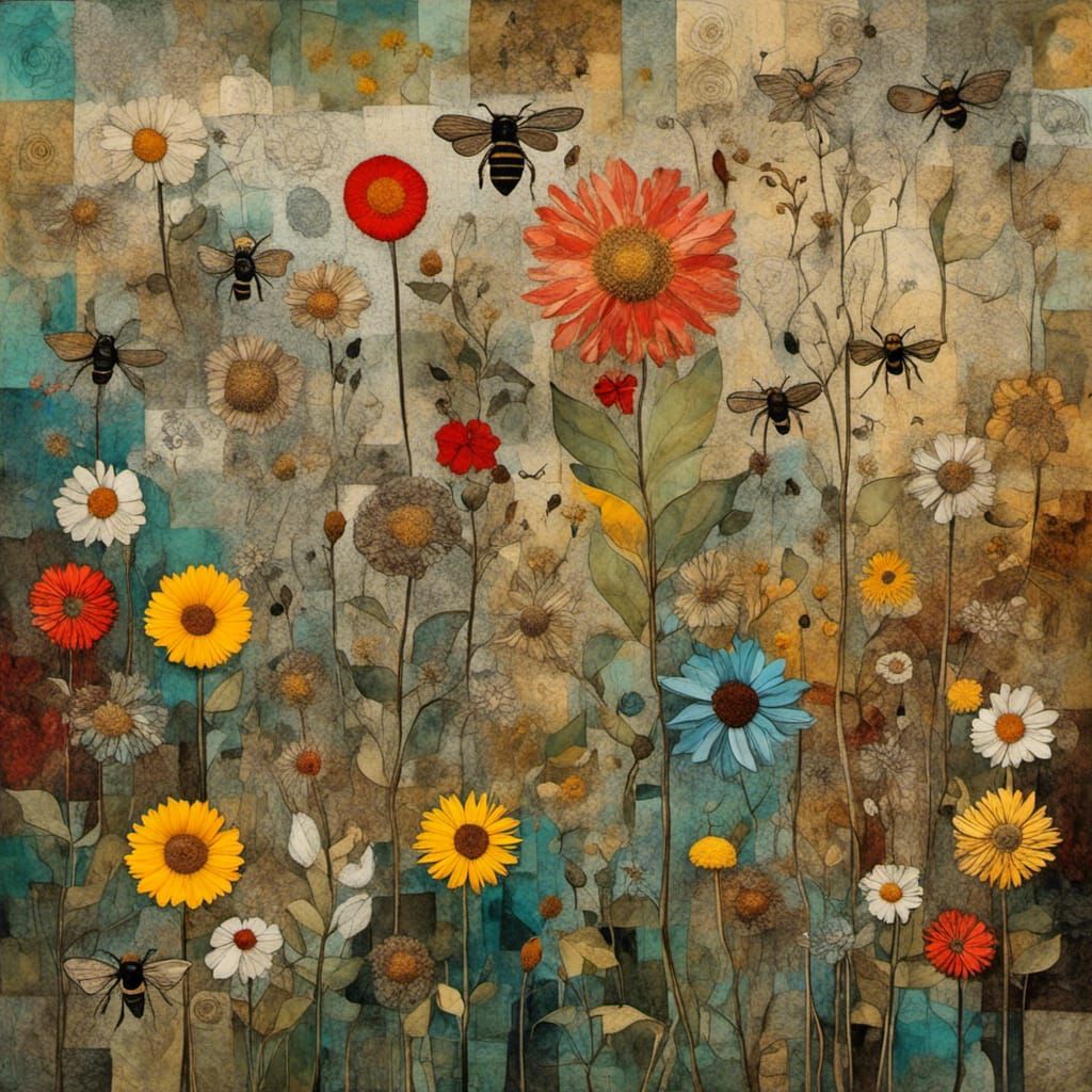 Surreal embellished patchwork mixed media, spring flowers, bees, Van Gogh, Klee,Klimt, masterpiece, striking ...  by @secretwitch