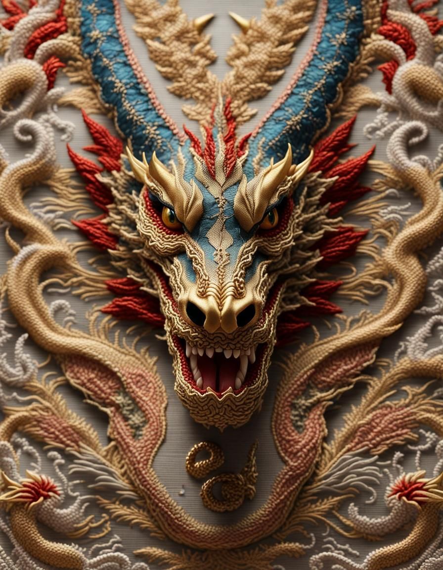 Embroidered Dragon ~ Closeup of my Wedding Dress   by @caffiend