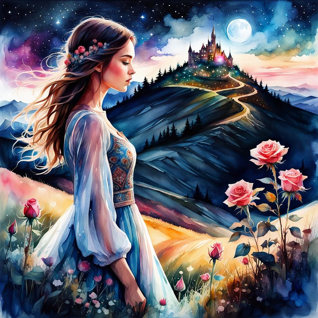 Fantasy Watercolor: Girl, Rose, and Galaxy Night