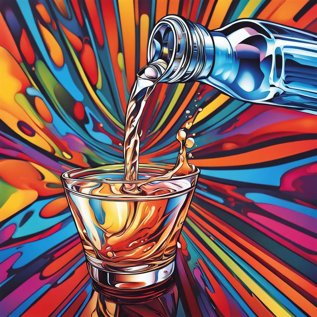 Vodka pouring from bottle to glass art deco line art vibrant