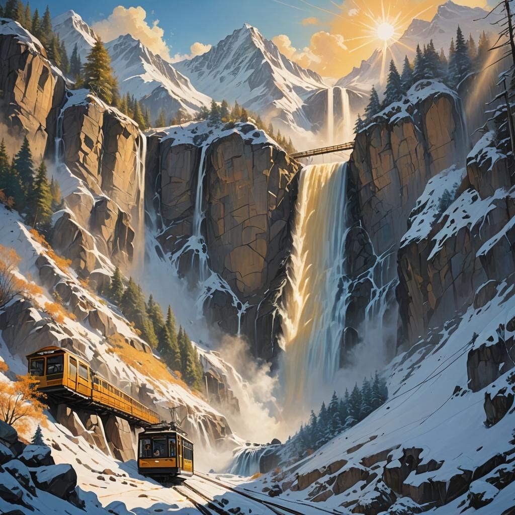Majestic Waterfall Scene with Cable Car, Digital Art