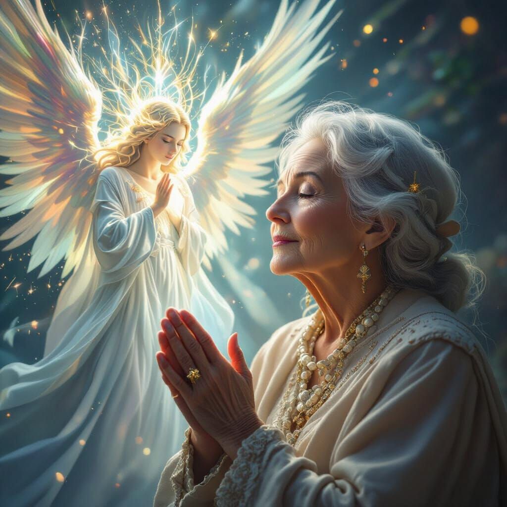 Hyperrealistic portrait of an angelic being that appears as a revelation to an old but beautiful and prayerful lady