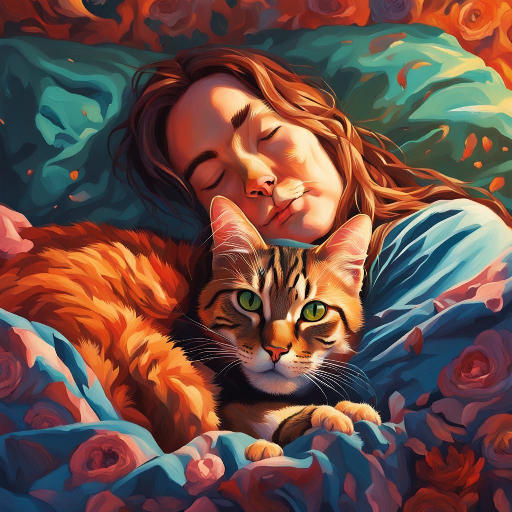 woman in bed snuggling with her kitty cat, Hyperrealistic, s...