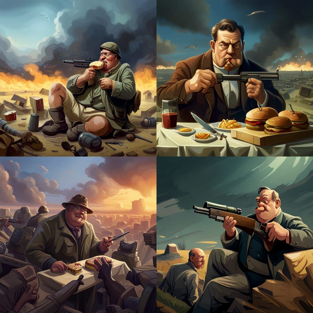 A Large man with a machine gun eats a sandwich in battle - AI Generated ...