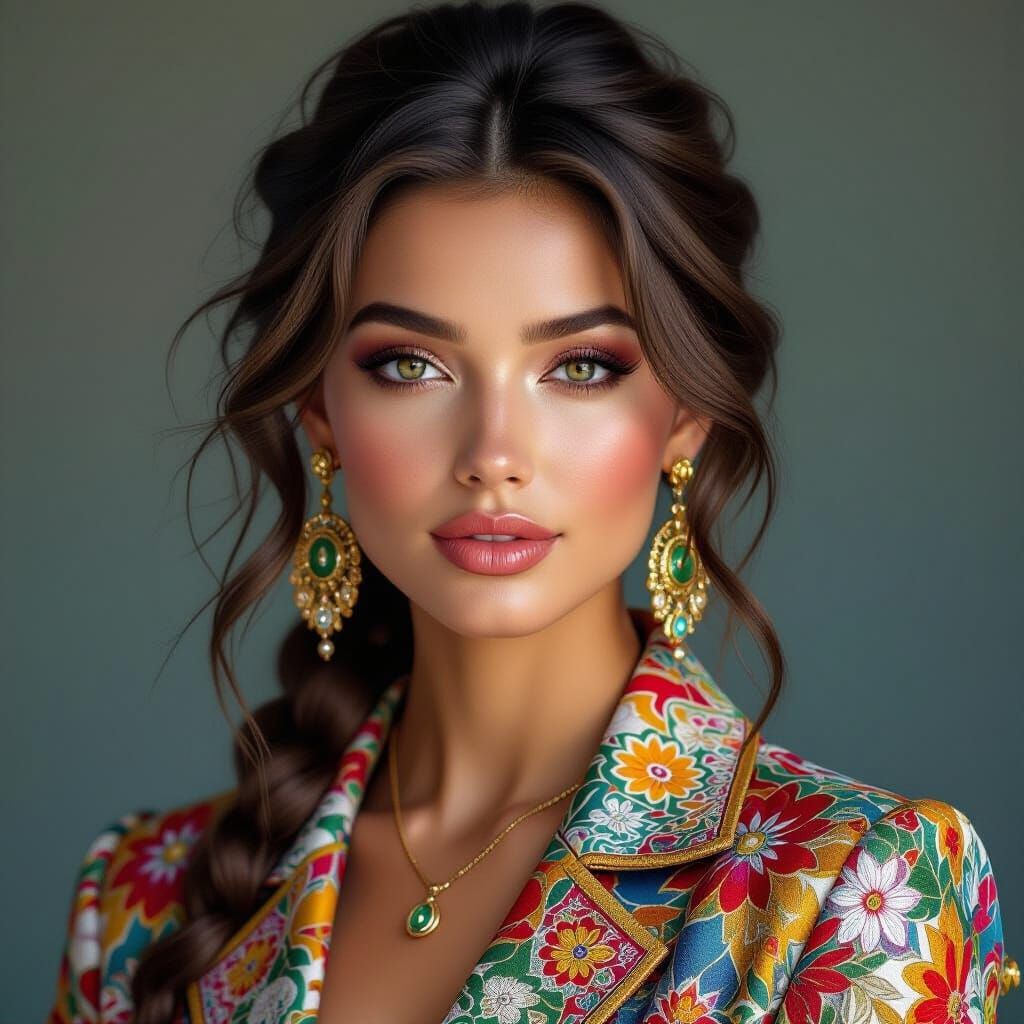 Hyperrealistic portrait of a beautiful woman wearing intricately detailed colorful clothing. Prompt by @JBrosque