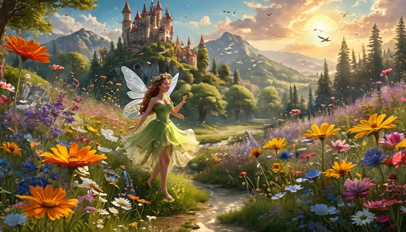 A whimsical scene of a fairy kingdom, spanning all four seas...