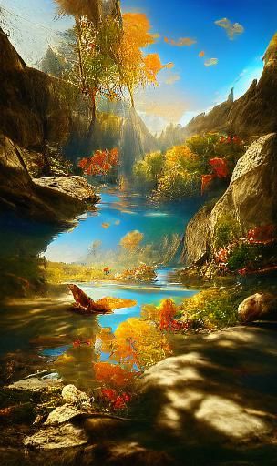 A beautiful painting of a river full of clear cystal deep bl...