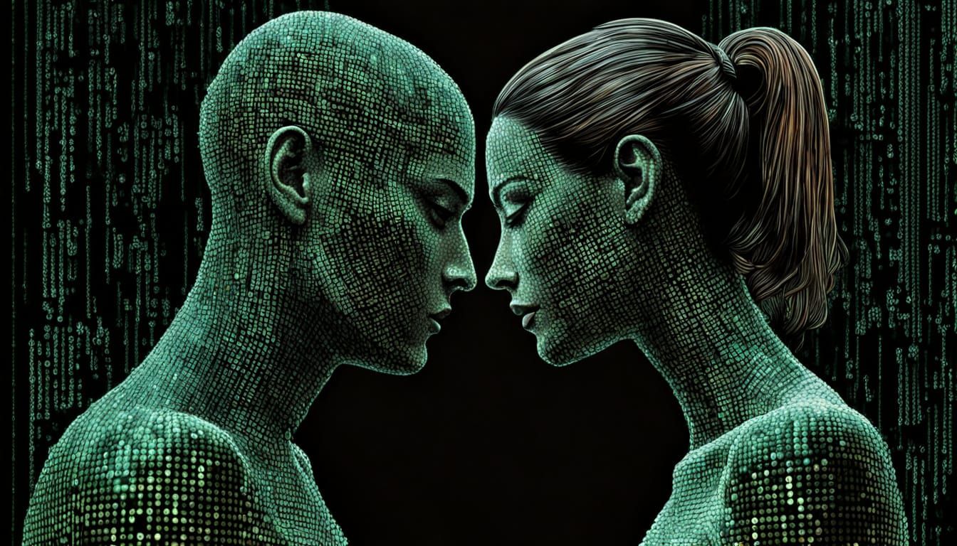 Man And Woman Made Of Matrix Code.  by @Fredster