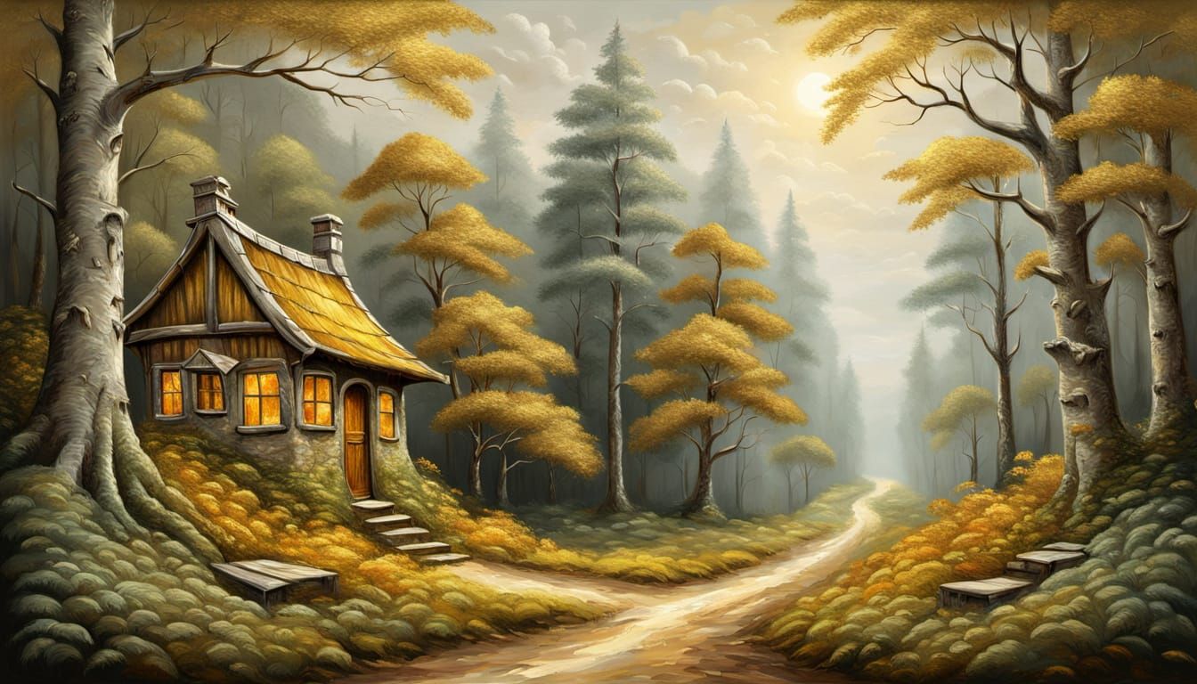 Forest Road with Hut in Vibrant Oil Painting Style