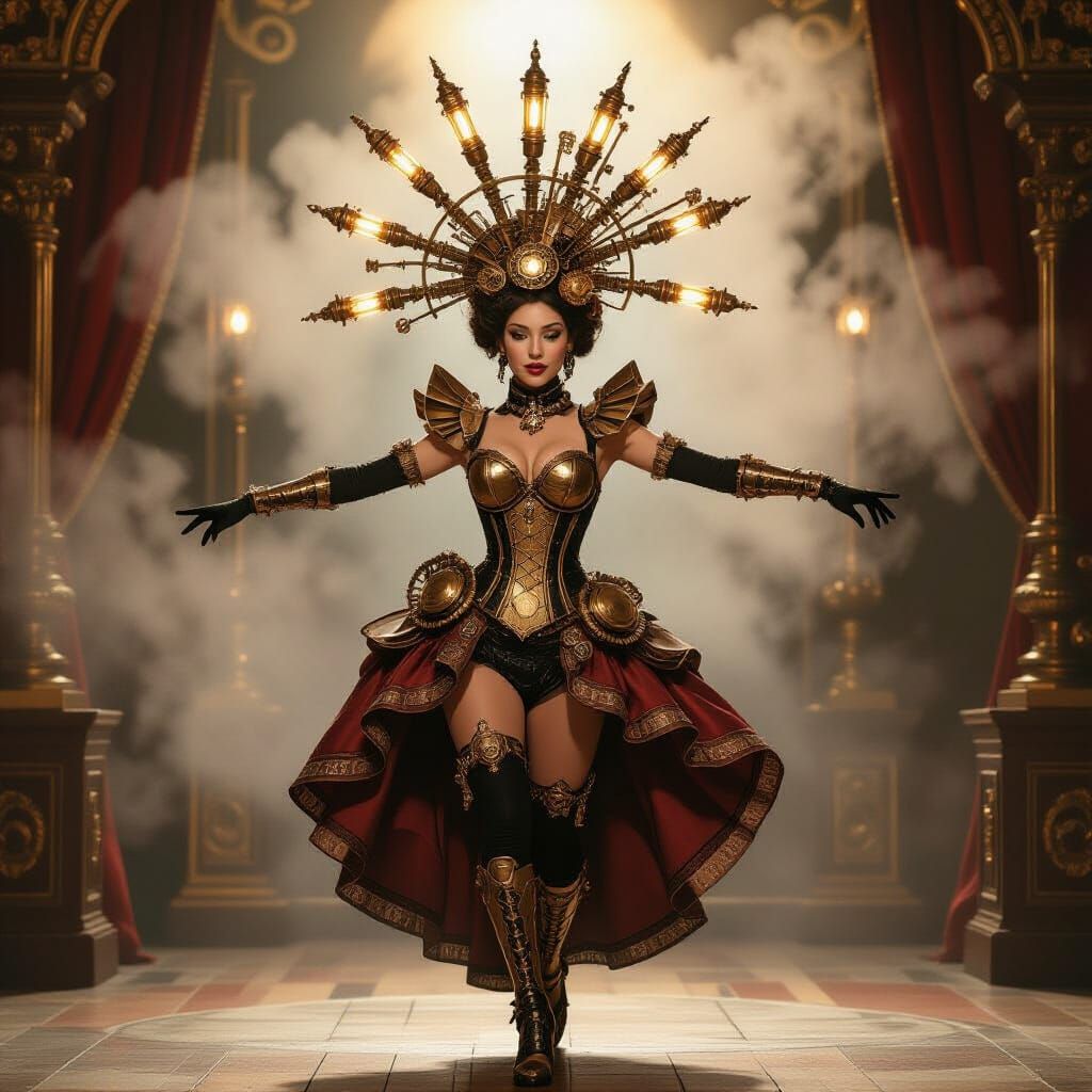 imagine a steampunk showgirl with gears and cogs integrated into her elaborate costume, performing a mesmerizing dance on a stage powered by...