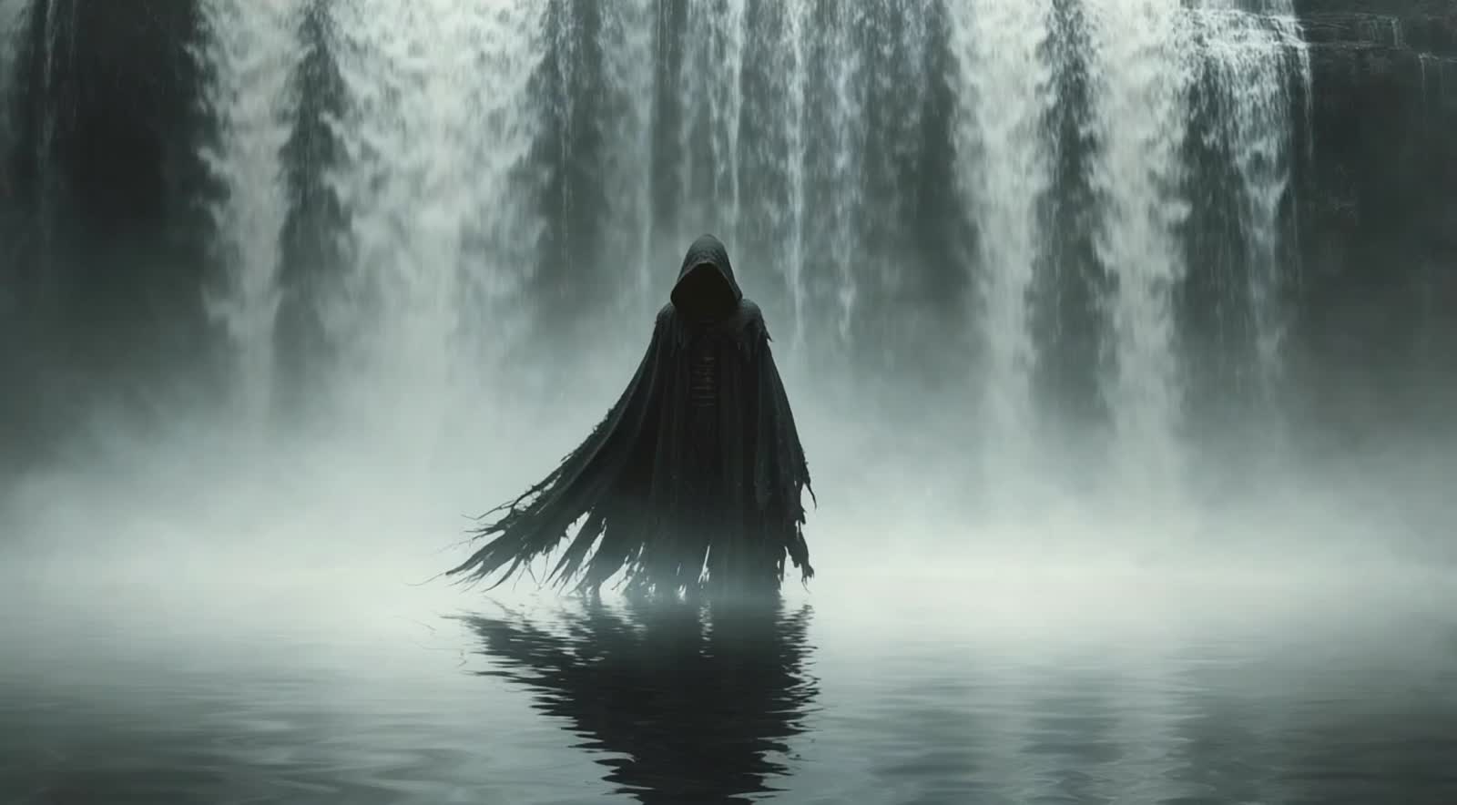 A reflection of the grim reaper in foggy rippling water. The Grim reaper is standing next to a waterfall.