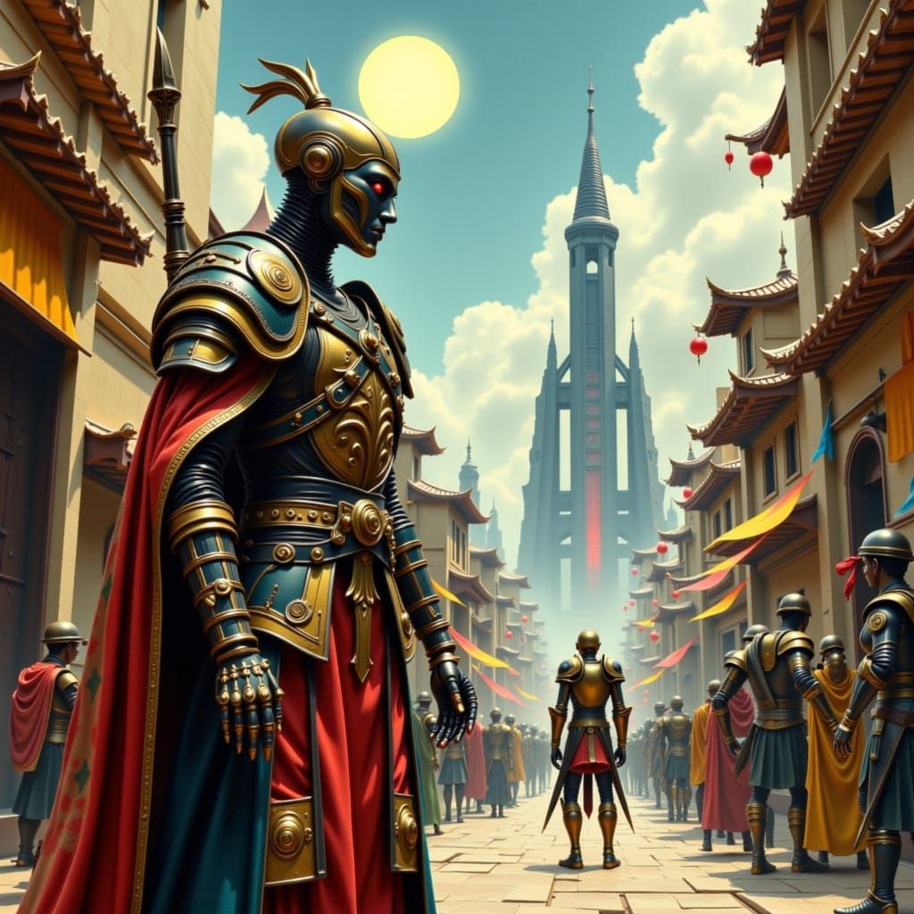 Digital painting. A bustling ancient marketplace with towering, futuristic skyscrapers in the distance, under a sky with two suns. A figure ...