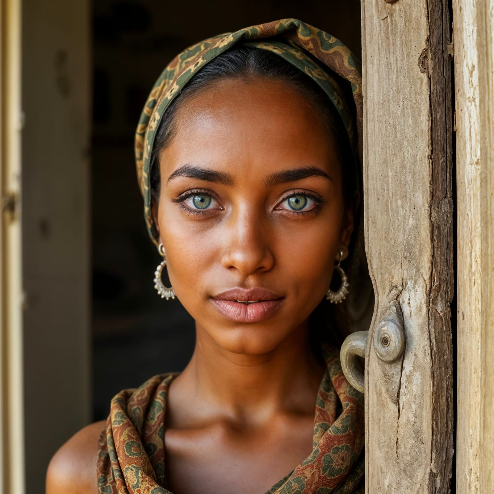 A portrait of a beautiful Somalian woman with amazing green eyes and olive skin standing in a doorway ...  by @Dantonio