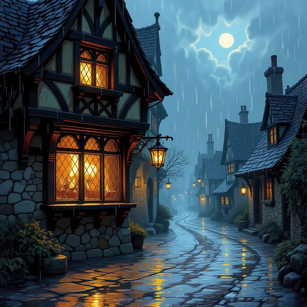 A glowing tavern window on a rainy night on a muddy medieval road  by @LouLou