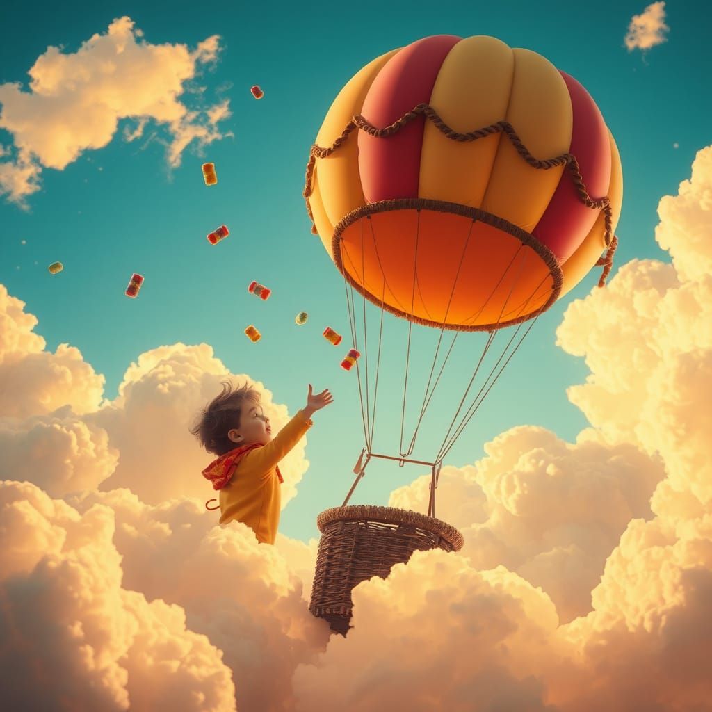 Boy in Hot Air Balloon Tossing Sweets: Dreamlike Scene