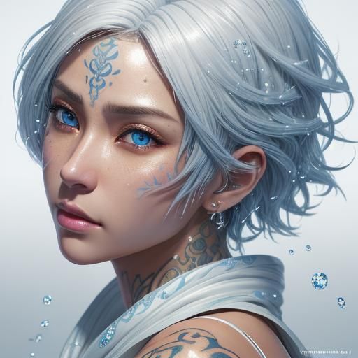 Beautiful Latina woman with short white hair, with blue eyes and tattoos in white bikini