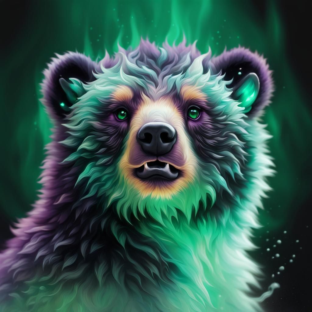 crystal baby bear cub, emerald green black and Purple flames, beautiful ...