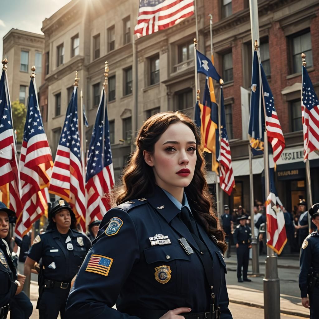 Portrait of Kate Upton (detailed facial features, confident expression), woman in a (police uniform), standing in front of (flags, flag po...