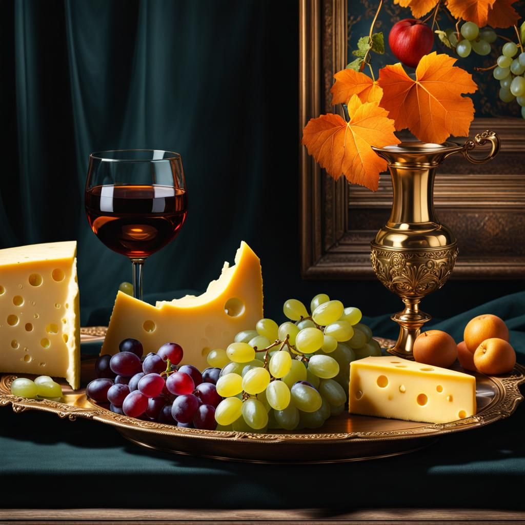 cheese, grapes and glass of wine  by @Vaclava