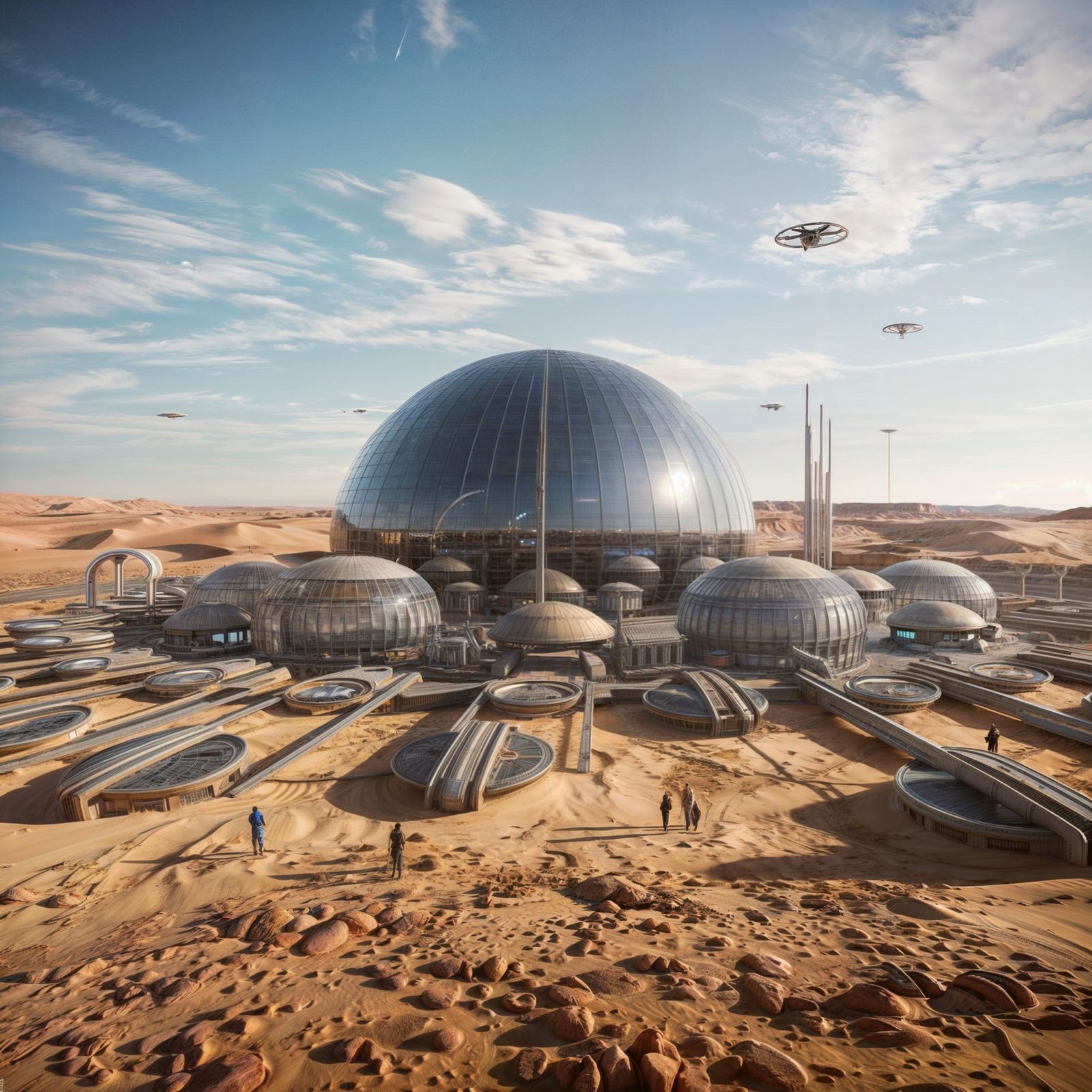The image depicts a futuristic city built into a desert land...