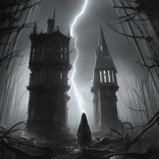 Anna Kendrick as a mad scientist, lightning, spooky castle, gothic