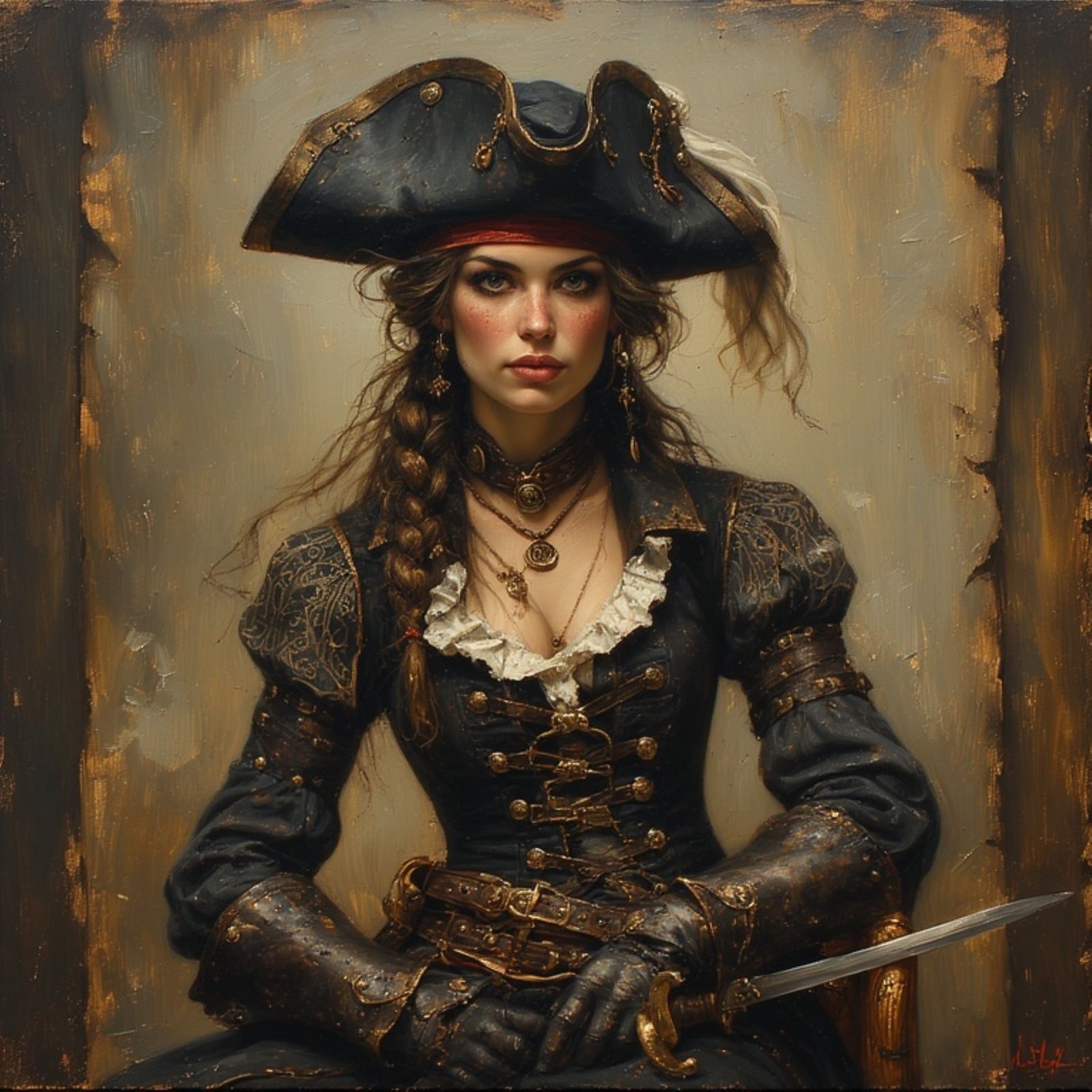 A captivating studio portrait of a fearless female pirate