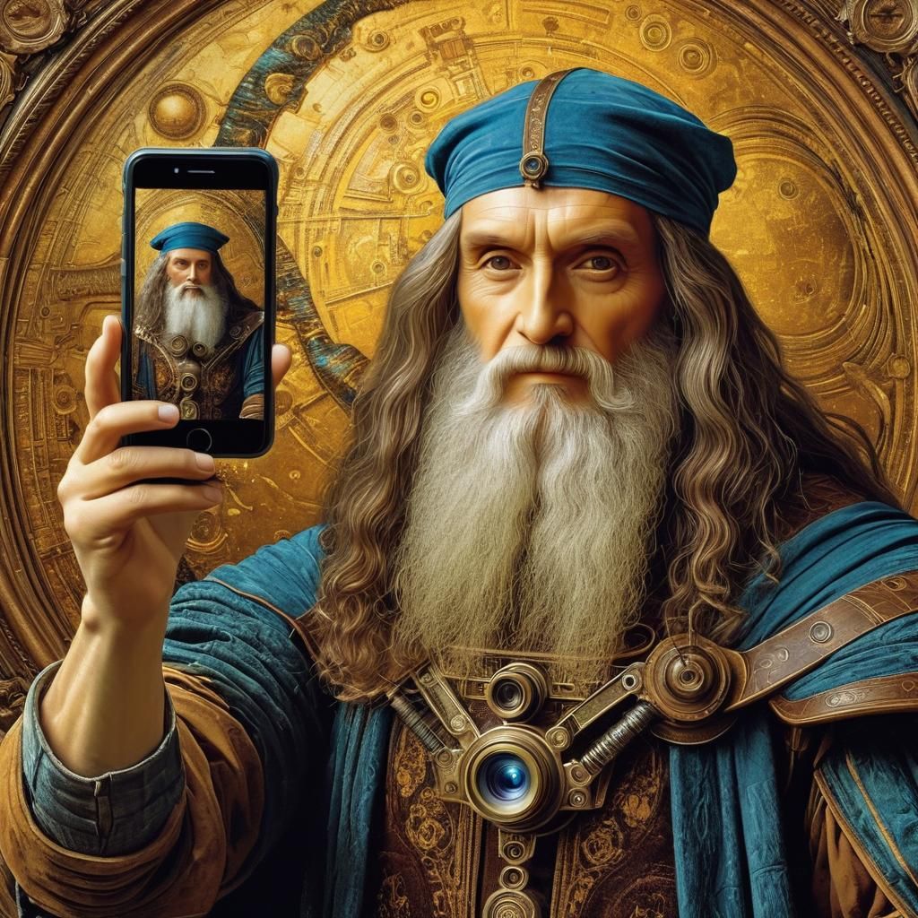 Leonardo da Vinci  on smart phone sending a message to his 500 m followers on X platform   by @Zand