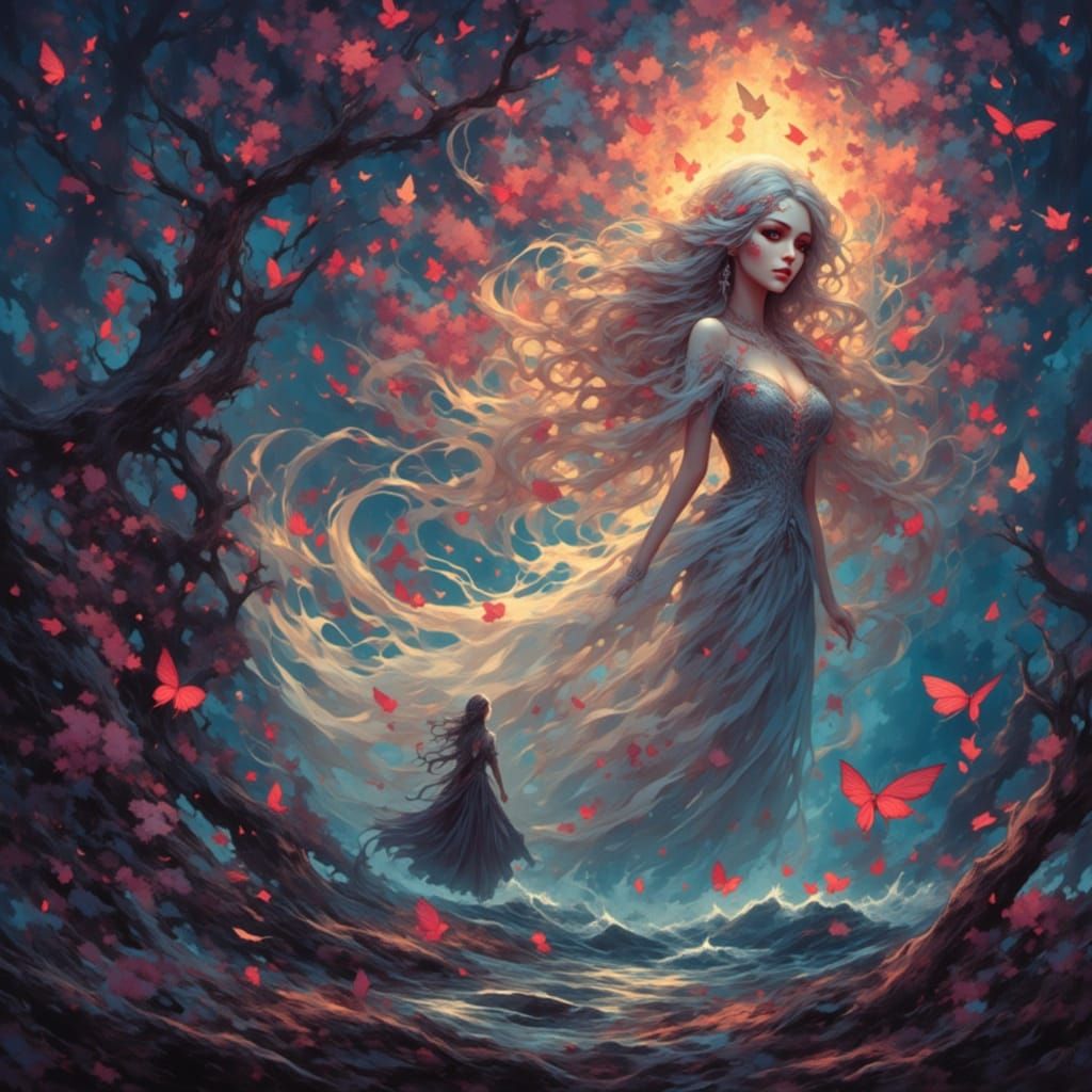 She spirals as light in a wave of cosmic debris cascading colors shift slightly maintaining a sense of blending on the parts that touch <lor...