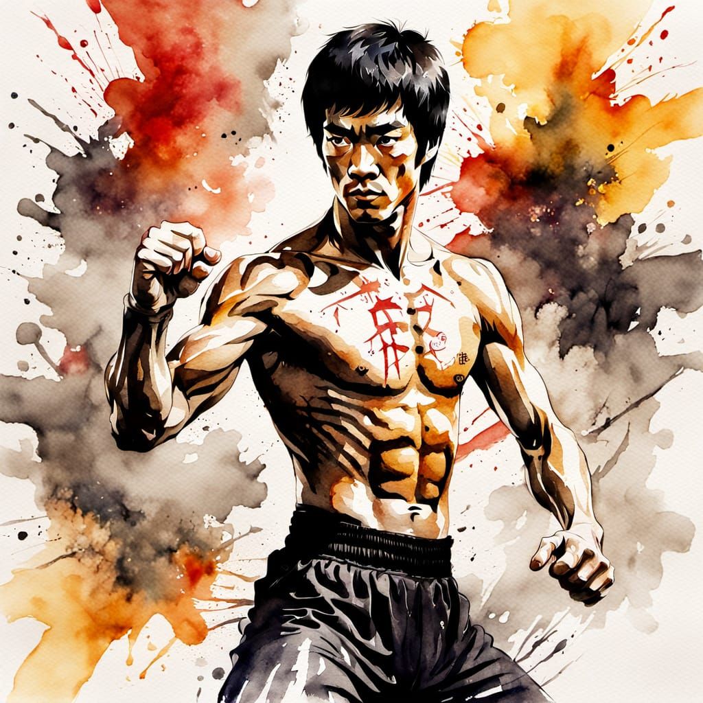 Bruce Lee,  in his iconic Enter the Dragon pose  by @Vintage Pixel