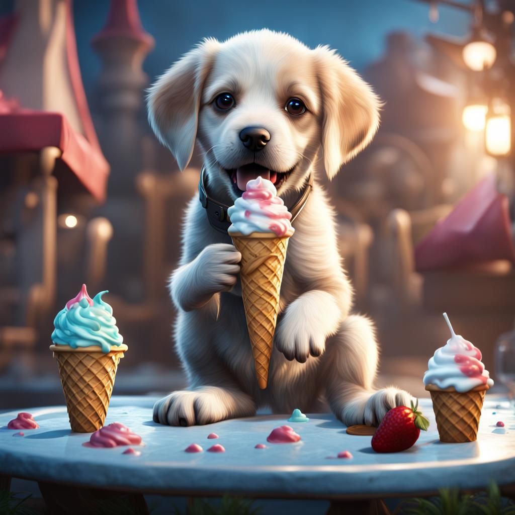 Puppy eating ice cream