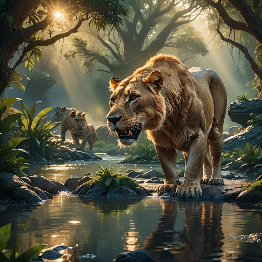 Lioness Drinks from Crocodile Stream: Fantasy Art
