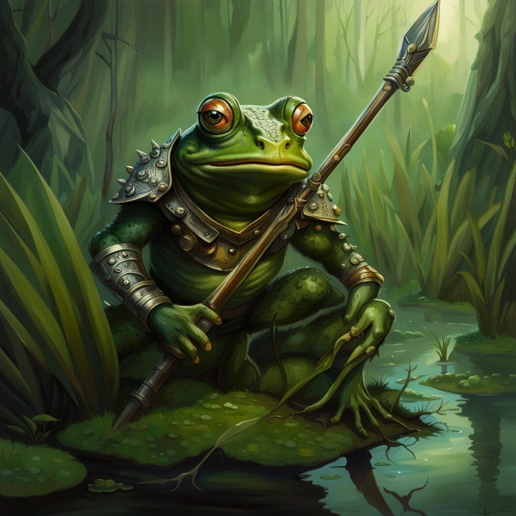 furious frog warrior in a swamp, he holds a spear, fantasyart, highly ...