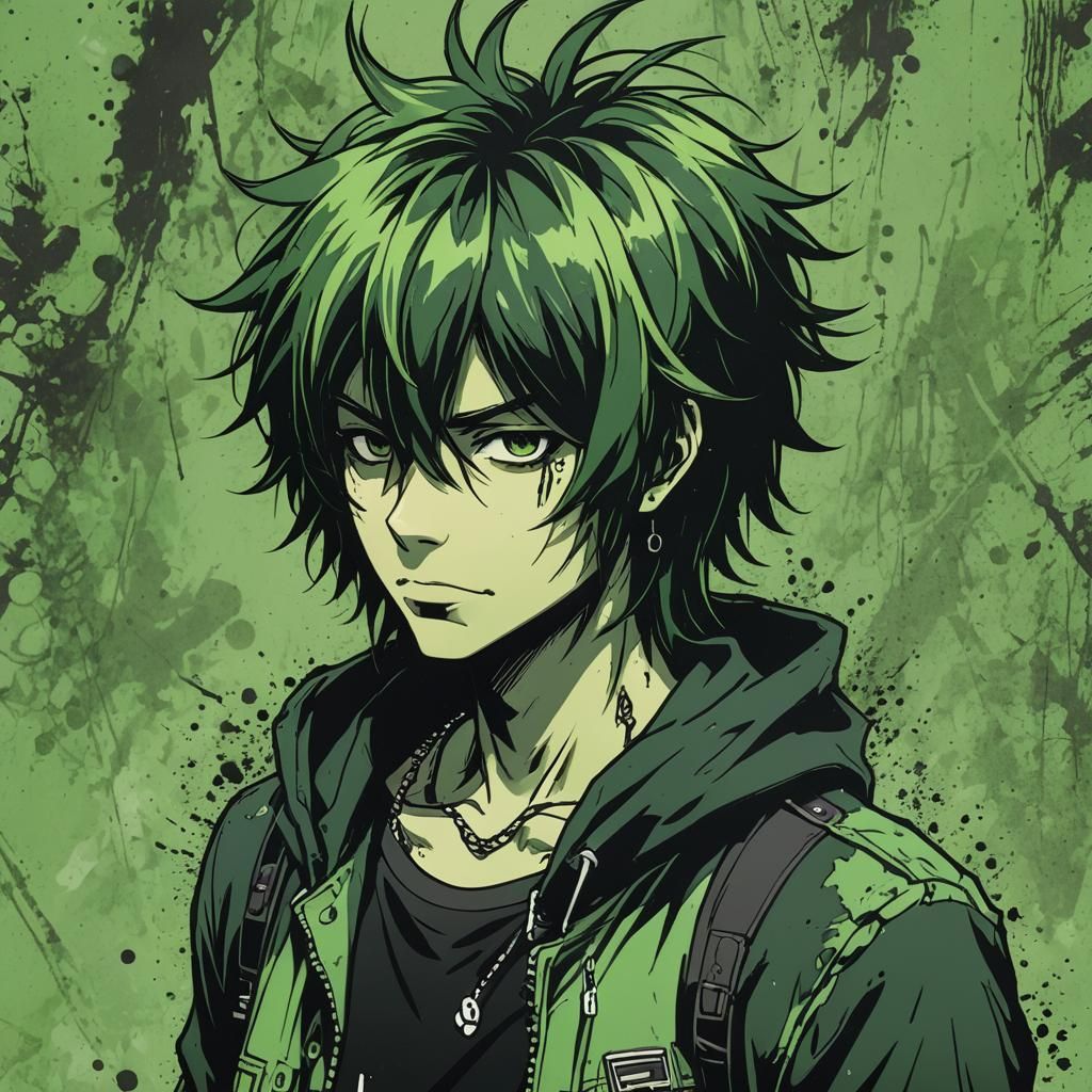 emo 2000s rocker shaggy hair grungy black and green