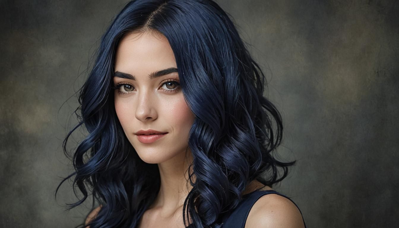 A beautifully young woman with midnight blue hair, aged 24, ...