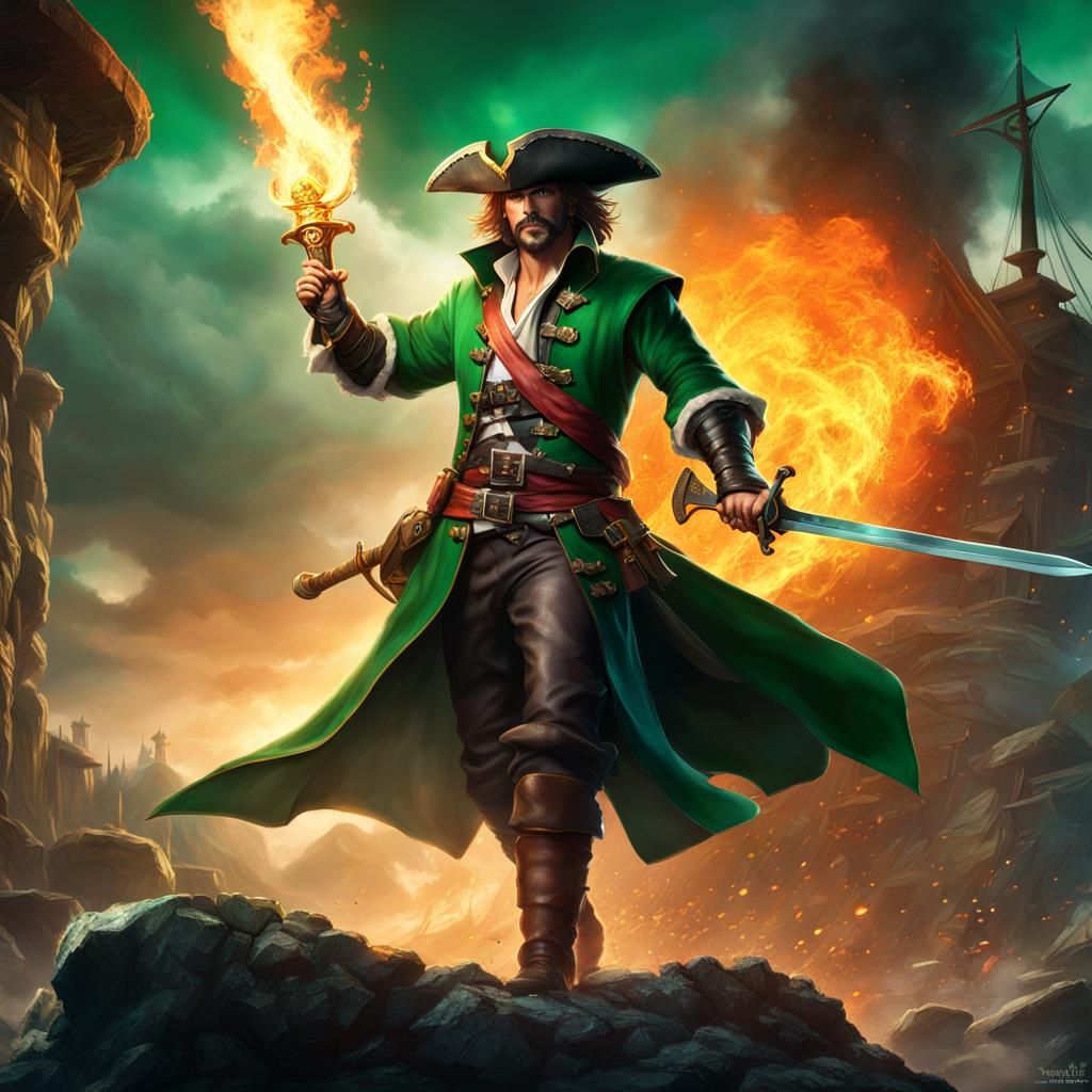 Male swashbuckler with a thunder sword in right hand and a f...
