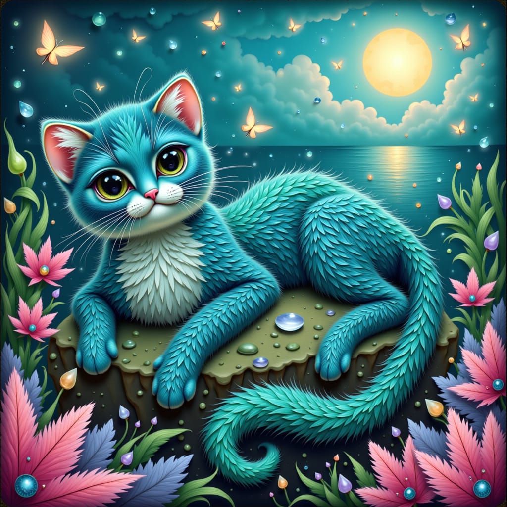 Whiskered feline with iridescent, turquoise fish-like scales and a flowing mermaid tail, lounging languidly on a moss-covered ocean rock, su...