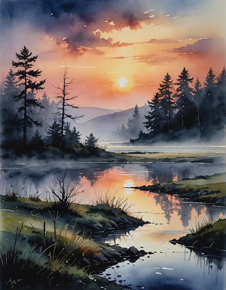 Mysterious, haunting, dusk, misty, sunset, watercolor landscape  by @Char